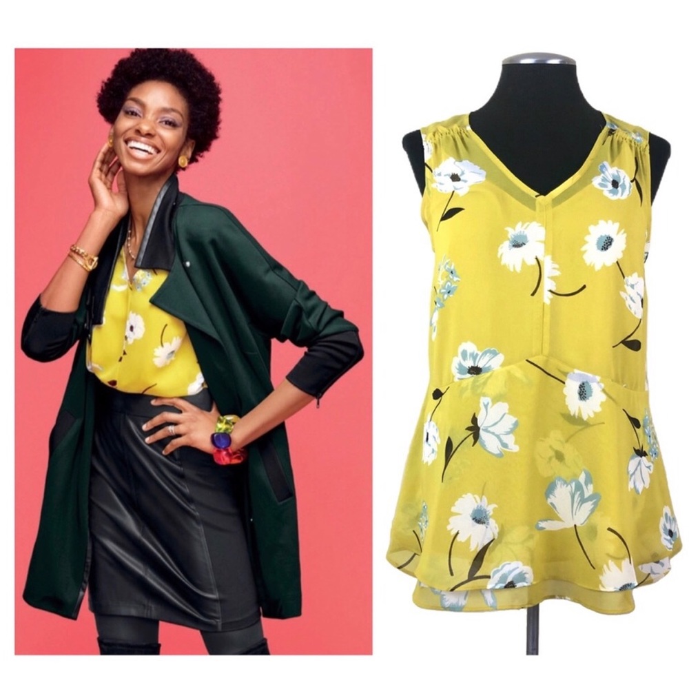 CAbi Yellow Floral V-Neck Sleeveless Blouse